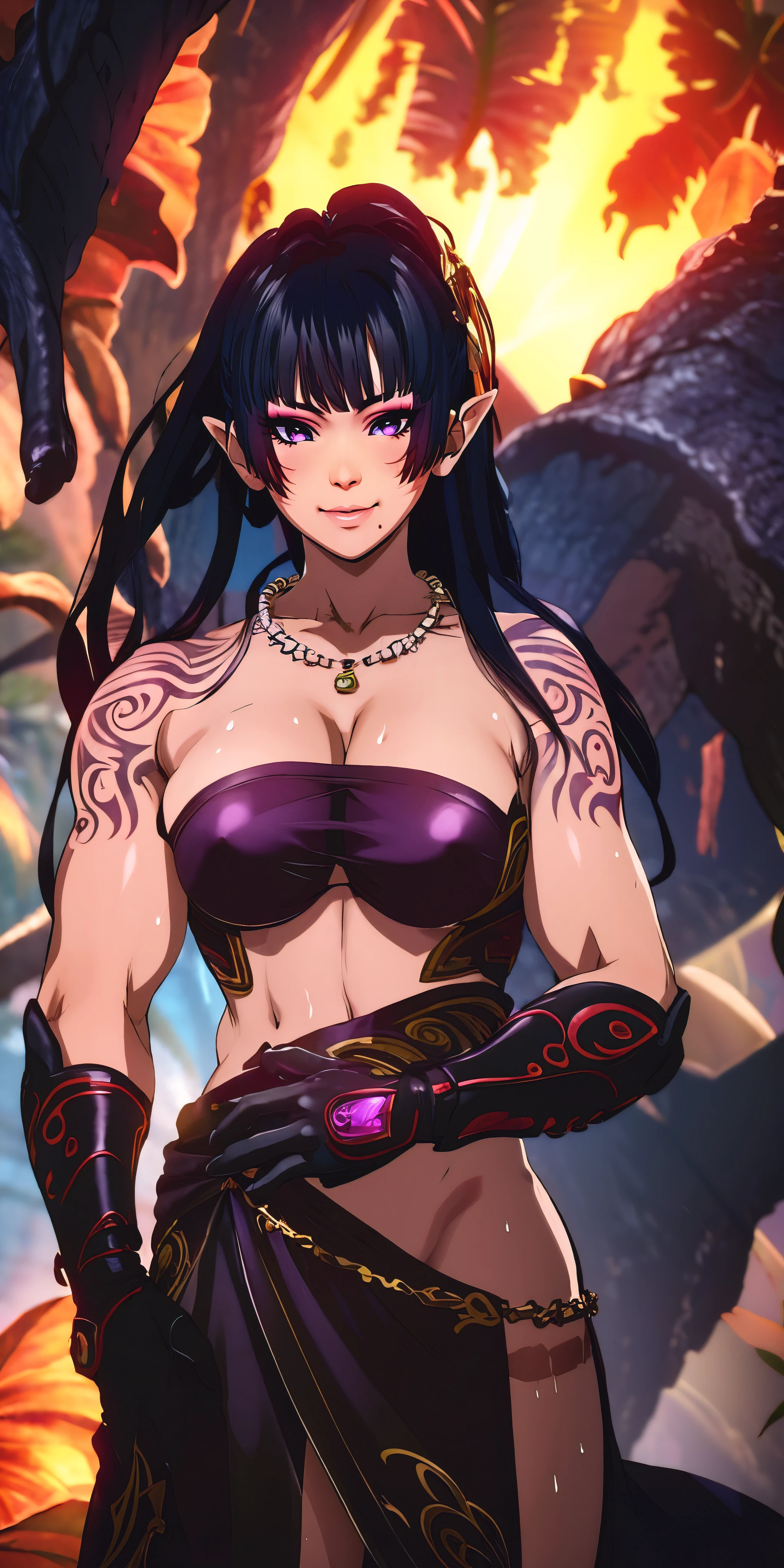 anatomically correct, best quality, masterpiece, high quality, high details, highres, HD, black hair, long hair, hair ornament, purple eyes, , epic art, fantasy, breasts (shaded face:1.2), hollow eyes, purple eyes, looking at viewer, lips, makeup, blush face, steaming face, seductive smile, beauty mark, looking at viewer, huge breasts, saggists, sweating, "Plistic, Hyperrealistic, Hyperdetailed, analog style, soft lighting,surface scattering, realistic, heavy sha masterpiece, best quality, ultra realistic, 8k, golden ratio, Intricate, High Detail, film photography, soft focus, 1girl, tattoo, black_hair, fire, shirtless, solo, chain, muscle, jewelry, standing, dragon, necklace, abs, looking_at_viewer, pointy_ears, closed_mouth, chest_tattoo, nsfw art,