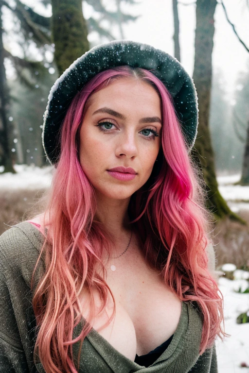 professional photograph of Little Mermaid with long wavy pink hair, sultry flirty look, lovely face with ruined makeup, green eyes, tattooed face, wearing torn summer clothes, ((standing outside in snowy forest)), stunning prehistoric lake, ultra realistic, dark art, elegant, highly detailed, intricate, sharp focus, depth of field, f/1. 4, 85mm, medium shot, mid shot, (((professionally color graded))), bright soft diffused light, (volumetric fog), trending on instagram, hdr 4k, 8k