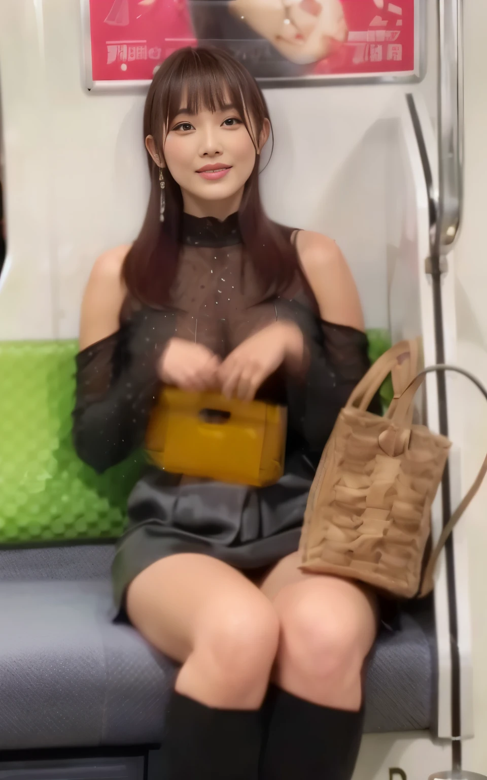 araffe woman sitting on a train with a purse and a purse, very sexy outfit, sexy dress, she has a cute face, revealing clothes, appearing in a shopping mall, sexy outfit, revealing outfit, touching her clothes, sexy look, she has a cute expressive face, her wardrobe is attractive, wearing honey - themed miniskirt, gorgeous chinese model