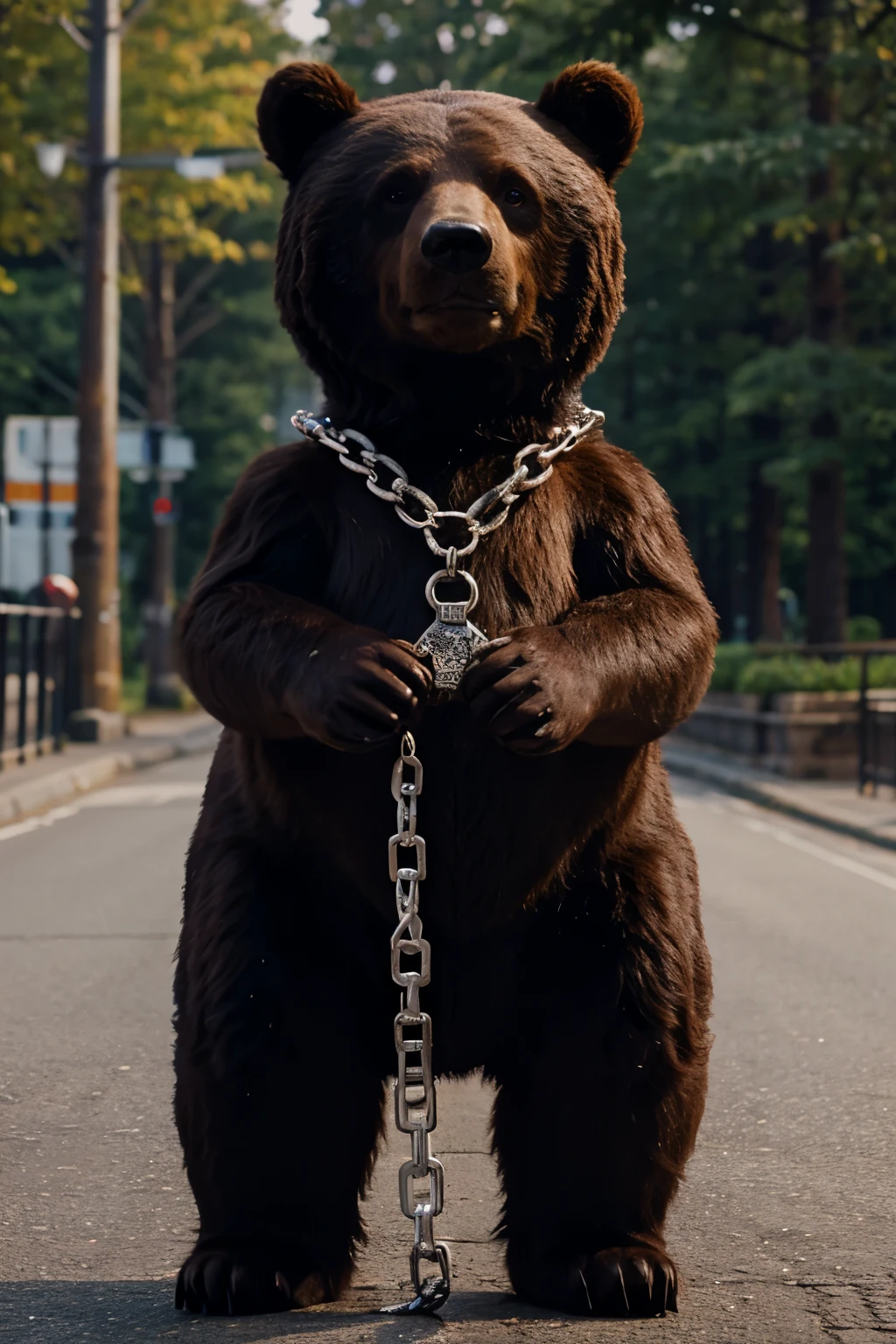 a bear holding a chain