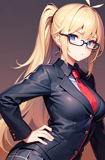 1 female、blonde hair ponytail、no curly hair、blue eyes、skin is white、Y-shirt with buttons、wearing glasses、teacher appearance、small breasts、facing forward、Suit skirt、place your hands on your hips、No background