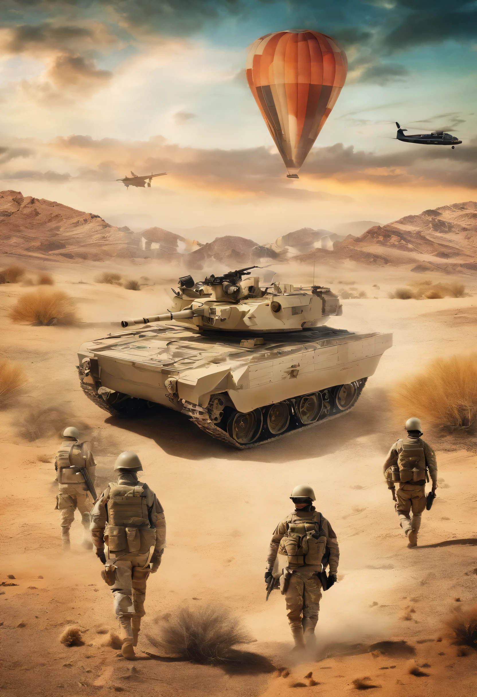 French military in the desert with an aerial image of the world in the background