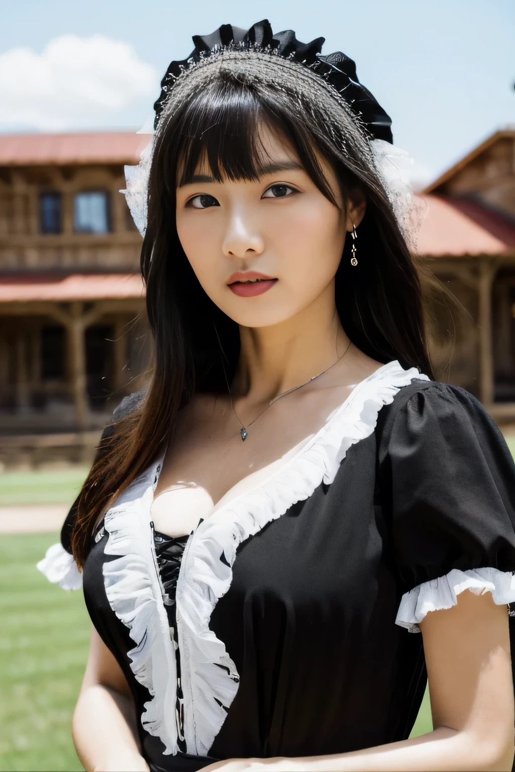 (highest quality,8K,masterpiece),
dressed in gothic fashion,
big breasts, alone, maid headdress, black hair, big breasts,
looking at the viewer,
long hair, bangs,
maid, dress,black dress, frills, short sleeve,
Western-style building,