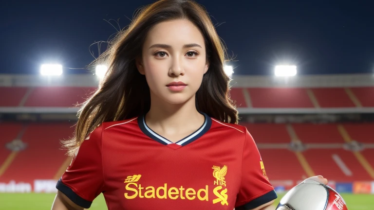 (realistic, high resolution:1.3), 1 girl with a perfect body, Very detailed face and eyes,long hair, (Red Shirt:Liverpool Football Club player shirt 1.2), short jeans, big girl,Revealing the cleavage, soccer ball in hand,(environment,Football Field)