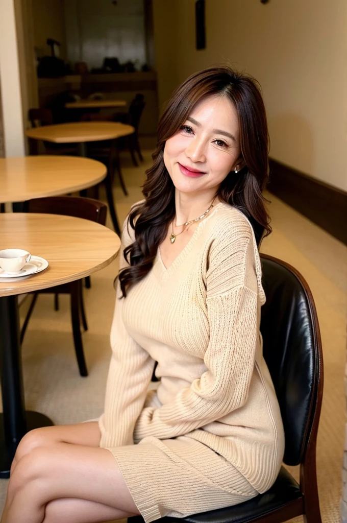 ​(masterpiece, highest quality), japanese mature, (alone), 60 years old, (wrinkles around the eyes:1.45), big breasts, mature woman, Glamour, Sexy, pure white skin, looking at the viewer、super big breasts、(long hair)、small diamond necklace、earrings、(((Detailed beige knitted tunic sweater)))、high heels、smile、Public place、cross your legs、sit on a chair、full body photo、
