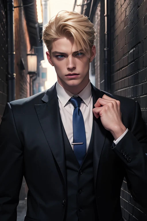 realistic,detail,beautiful)male 2명 남성 1,male 2, Male 1 Mature Adult ,tall ,Muscular man, broad shoulders, Short hair,blond hair,blue eyes,suit.necktie. man 2 ,Adult Men,black hair,medium height,Fighting in a dark alley ,Mainly upper body