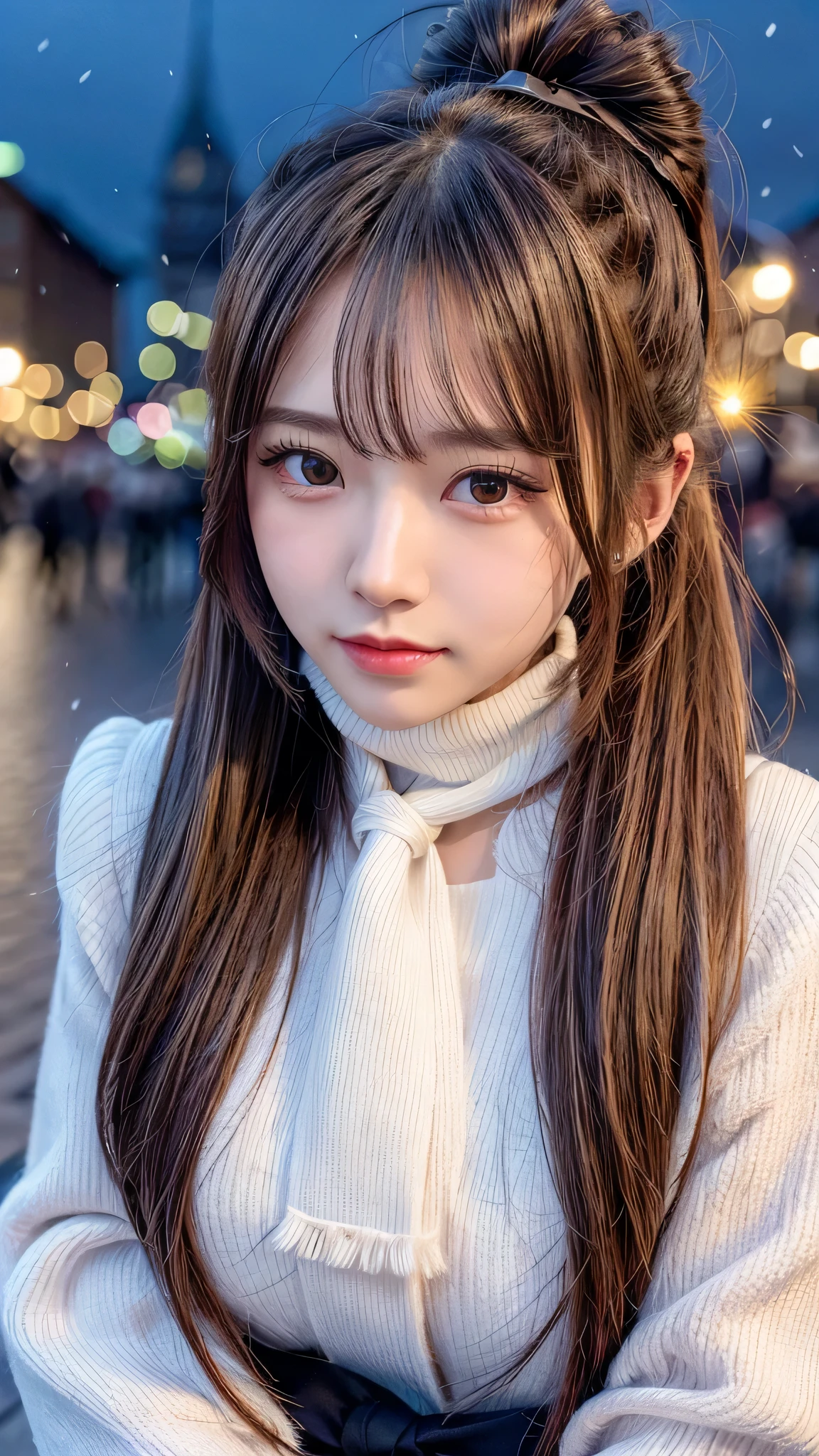 blush,long hair ponytail,big ribbon in her hair,(8K, Raw photo, best quality, muste piece:1.2), (Reality, photorealistic:1.4), (Highly detailed 8K wallpaper), Tits sharp focus, Depth of bounds written, cinematic lighting, soft light, detailed beauty eye,Shiny and smooth light brown ponytail, asymmetrical bangs, shiny skin, super detailed skin ,high resolution, high detail, detailed hairstyle, detailed beauty face, hyper real, perfect limbs, perfect anatomy ,1 Japanese girl,famous japanese idol, perfect female body,shy smile,short eyelashes,double-edged eyelids,look straight here,Hair style is ponytail,wear a ribbon, office,long ponytail hairstyle,Wearing scrunchies,wearing a long coat,The Street,Stand up straight and face me,So that the whole body can be seen,winter,warm clothes,look straight at me,wearing a scarf,It's snowing,european cityscape,cobblestone road,European churches can be seen in the background,in front of a church in europe,night time,illumination is shining,chest is small