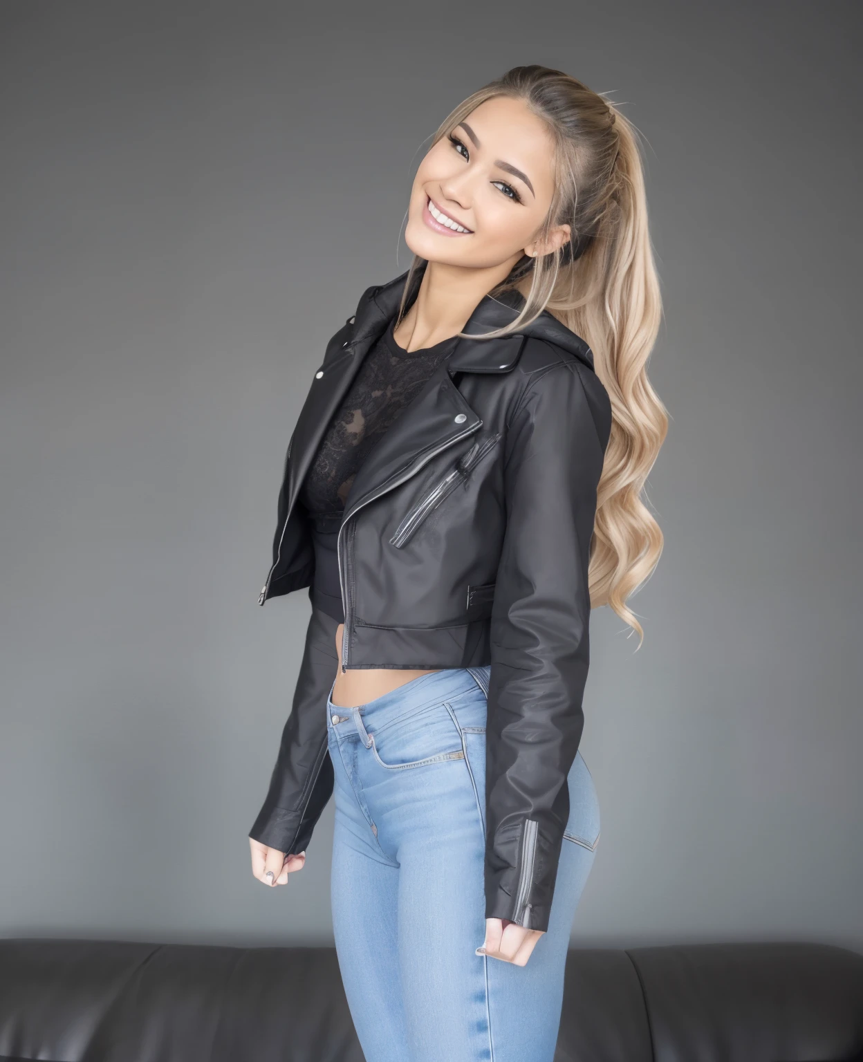Young Thai woman, fit physique, fitness physique, wearing sexy black lingerie sitting on the couch with legs open, corps sexy, (8K), (best quality), (chef-d&#39;artwork:1.3), (Realistic), (photorealistic:1.34), Ultra-detailed, [Beautiful detailed eyes], (sourire), (sourire), (beautiful nose detailed), [very long blonde hair], (haut court), lingerie noire, (superbes seins taille normale), (Gros plan), Profondeur de champ, full body view, sitting on sofa, legs spread, montrant l&#39;entrejambe, pieds en l'air
