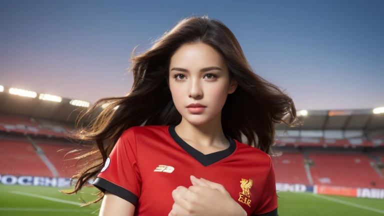 （realistic， high resolution：1.3）， 1 girl with a perfect body， Very detailed face and eyes，long hair， (Red Shirt：Liverpool Football Club player shirt 1.2)， short jeans， big girl，Revealing the cleavage, soccer ball in hand,(environment,Football Field)