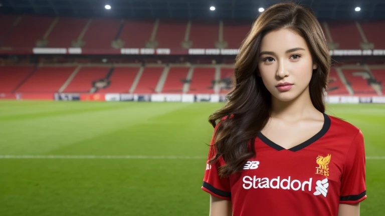 (realistic, high resolution:1.3), 1 girl with a perfect body, Very detailed face and eyes,long hair, (Red Shirt:Liverpool Football Club player shirt 1.2), short jeans, big girl,Revealing the cleavage, soccer ball in hand,(environment,Football Field)