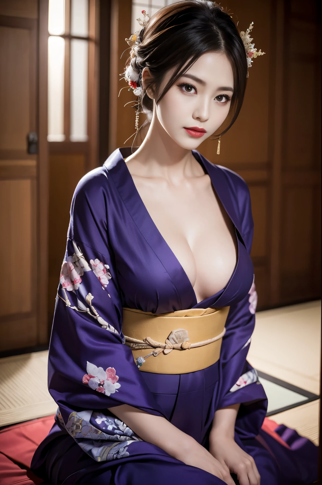 masterpiece, ultra high res, (photorealistic:1.4), 8k, RAW photo, best quality, detailed shadow, amazing, finely detail, official art, absurdres, sharp focus, upper body shot, (ultra-detailed), highly detailed portrait of a beautiful queen, 
BREAK, 
1girl、Japan Germans、Indian Beauty、Dark mascara、big eye、drooping eyes, Dark eyeliner、Dark red rouge、red-lips、chic body、thin-waist、skeletalstraight、Superb Style、, sitting, fetal_position, [upright], curvy, (1girl), ((lips)), (nose), ((long face)), mature female, blossom tree, seductive, elegant, stylish, sultry, sexy, grin, looking at viewer, Beautiful fingertips、Bust is 85 cm、 Taut chest、small-breasted、muscle、((Hourglass figue)), intricate detailes、hightquality、(High class:1.4)、super realistic 8K、face perfect、Perfect、clean、​masterpiece、Professional artwork、famousartwork、face perfect、Beautiful expression、beautidful eyes、hald-up hair、Beautiful woman with refreshing sexiness and outstanding proportions、 A dark-haired、clothes shiny、
BREAK, 
(wearing a oiran outfit:1.3), (dark-purple kimono out fit:1.3),  (Japanese clothes:1.3),  laurel crown, (chiton:0.7), flowers, 
BREAK, 
textured, patterned, cinematic, trending on artstation, dynamic posture, wide shot, dramatic lighting:1.1, (gradients), nature, (perfect face), outline, sharp focus, warmth, light particles, (depth of field), (intricate details:1.2), (extremely detailed background), east asian architecture, dynamic lighting, in the dark, deep shadow, low key, intricate detail, detailed skin, pore, highres, hdr, 4k, realistic,