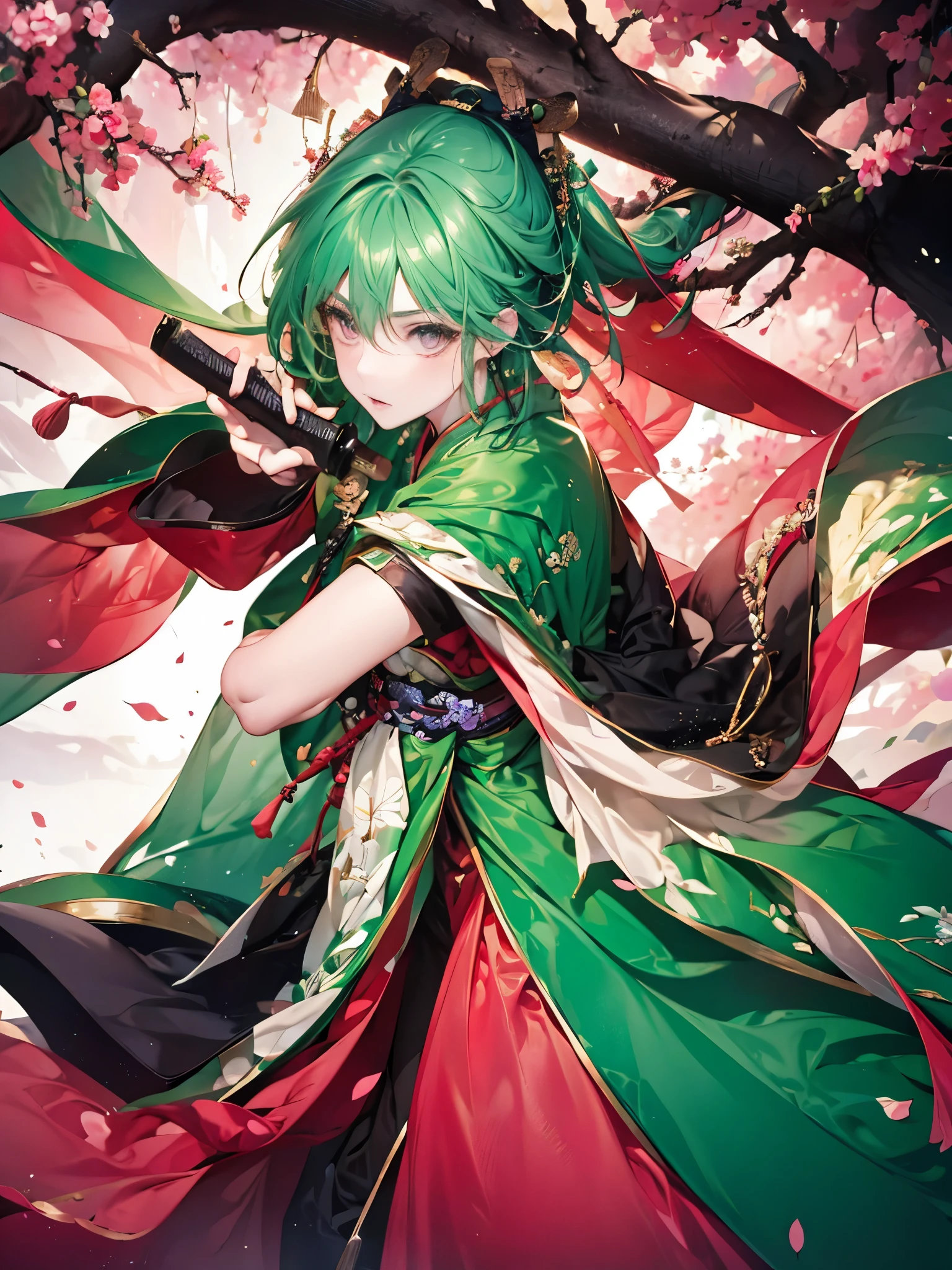 20th generation men、green hair、pink eyes、One eye is hidden by bangs、Holding a sword、Japanese clothing、Japanese-style background、full body figure