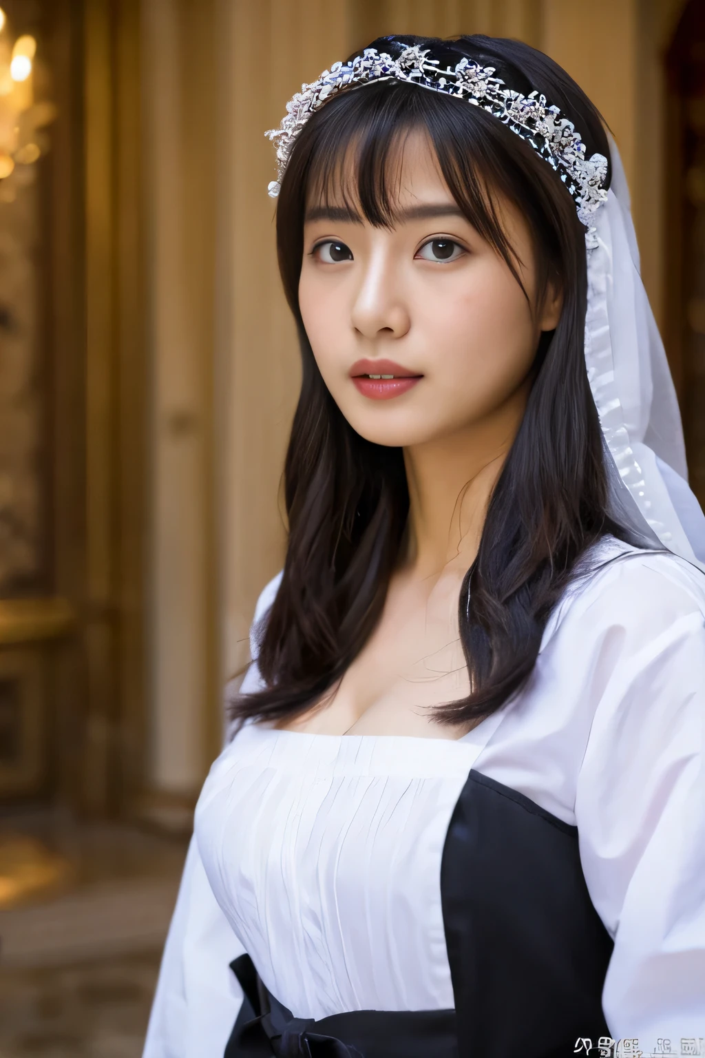 (highest quality,8K,masterpiece),
dressed in gothic fashion,
big breasts, alone, maid headdress, black hair, big breasts,
looking at the viewer,
long hair, bangs,
maid, dress,black dress,
ancient city,