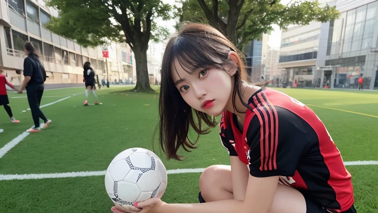 exquisite details, high resolution, High quality、Perfect dynamic composition, Beautifully detailed eyes, medium hair, small tits、natural lip color,Kamimei、Shibuya、20 year old girl、1 person、Clear skin、fluorescent hair、table top, best quality, illustration, Very detailed, exquisite details, high resolution, 8ก、The correct state of the human body.、crouch down、Pose pattern engraving,I soared in the wind. (soccer ball in hand) ,(environment,Football Field) ,(football player set,Liverpool FC,England),(เสื้อLiverpool FC, Red Shirt), (Random shorts)