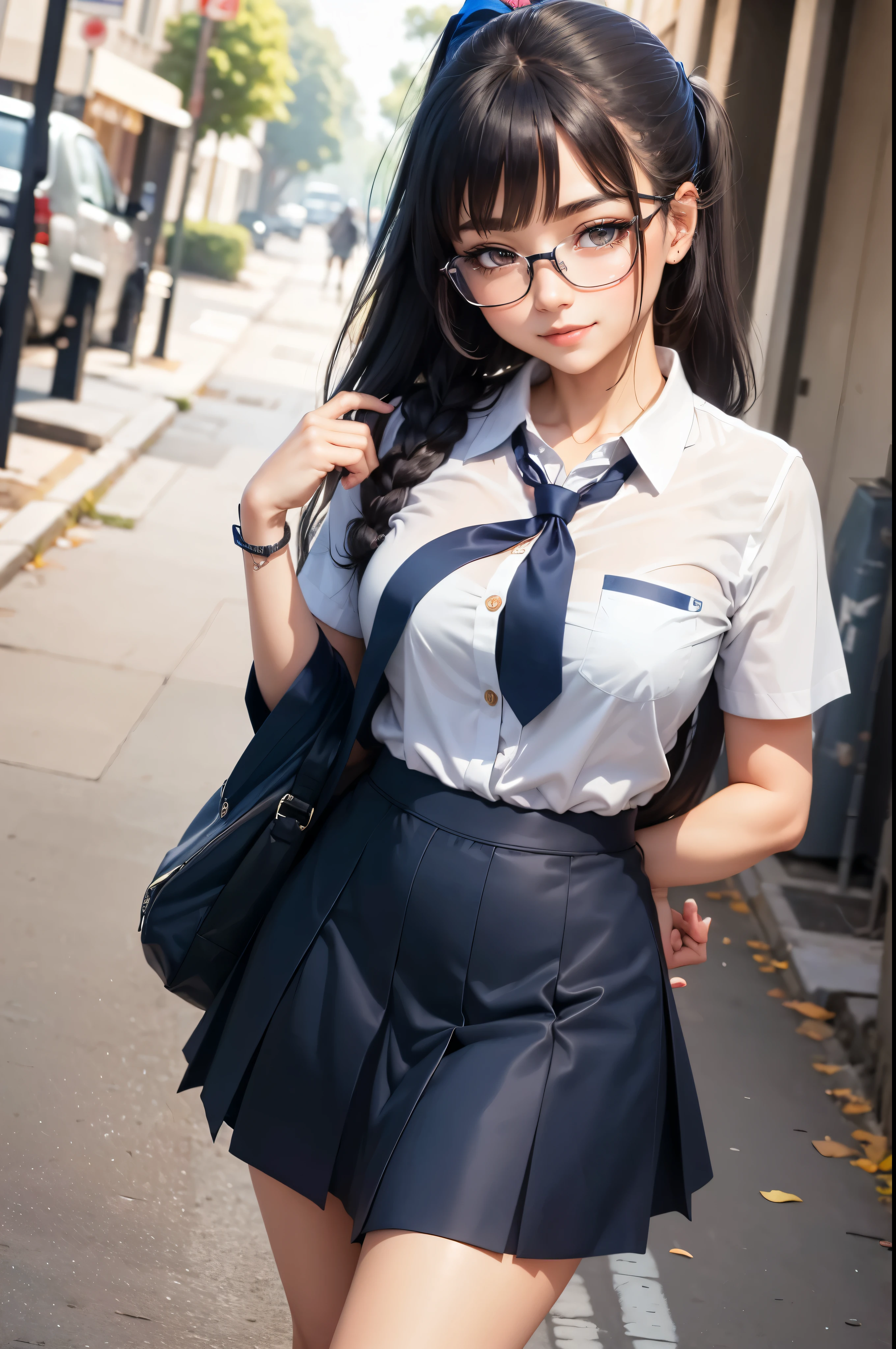 beautiful girl, walk to school, Long hair in a ponytail,, smooth, wear glasses, Smile mischievously, (white long sleeve shirt, Navy blue tie, blue long skirt), anime