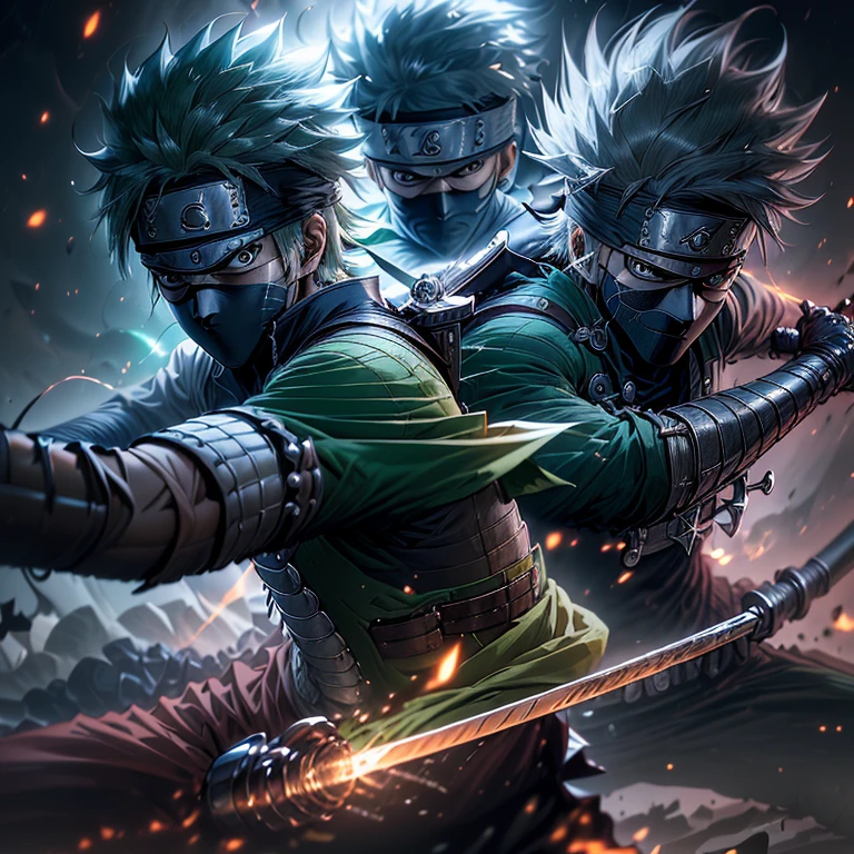 top-quality masterpiece, Roronoa Zoro in Kakashi suit
(Anime character: 1.6), (Swashbuckler pirate: 1.5), (Samurai attire: 1.3), (Kakashi suit: 1.4), (Action pose: 1.4), (Realistic illustration: 1.3),
(High resolution: 1.2), (Pixels perfect: 1.5), (Detailed shading: 1.4), (Manga style: 1.4), (Sharp edges: 1.2), (Dynamic energy: 1.3),
(