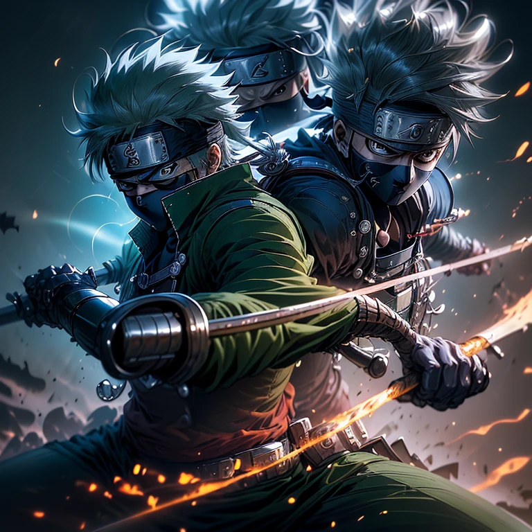 top-quality masterpiece, Roronoa Zoro in Kakashi suit
(Anime character: 1.6), (Swashbuckler pirate: 1.5), (Samurai attire: 1.3), (Kakashi suit: 1.4), (Action pose: 1.4), (Realistic illustration: 1.3),
(High resolution: 1.2), (Pixels perfect: 1.5), (Detailed shading: 1.4), (Manga style: 1.4), (Sharp edges: 1.2), (Dynamic energy: 1.3),
(