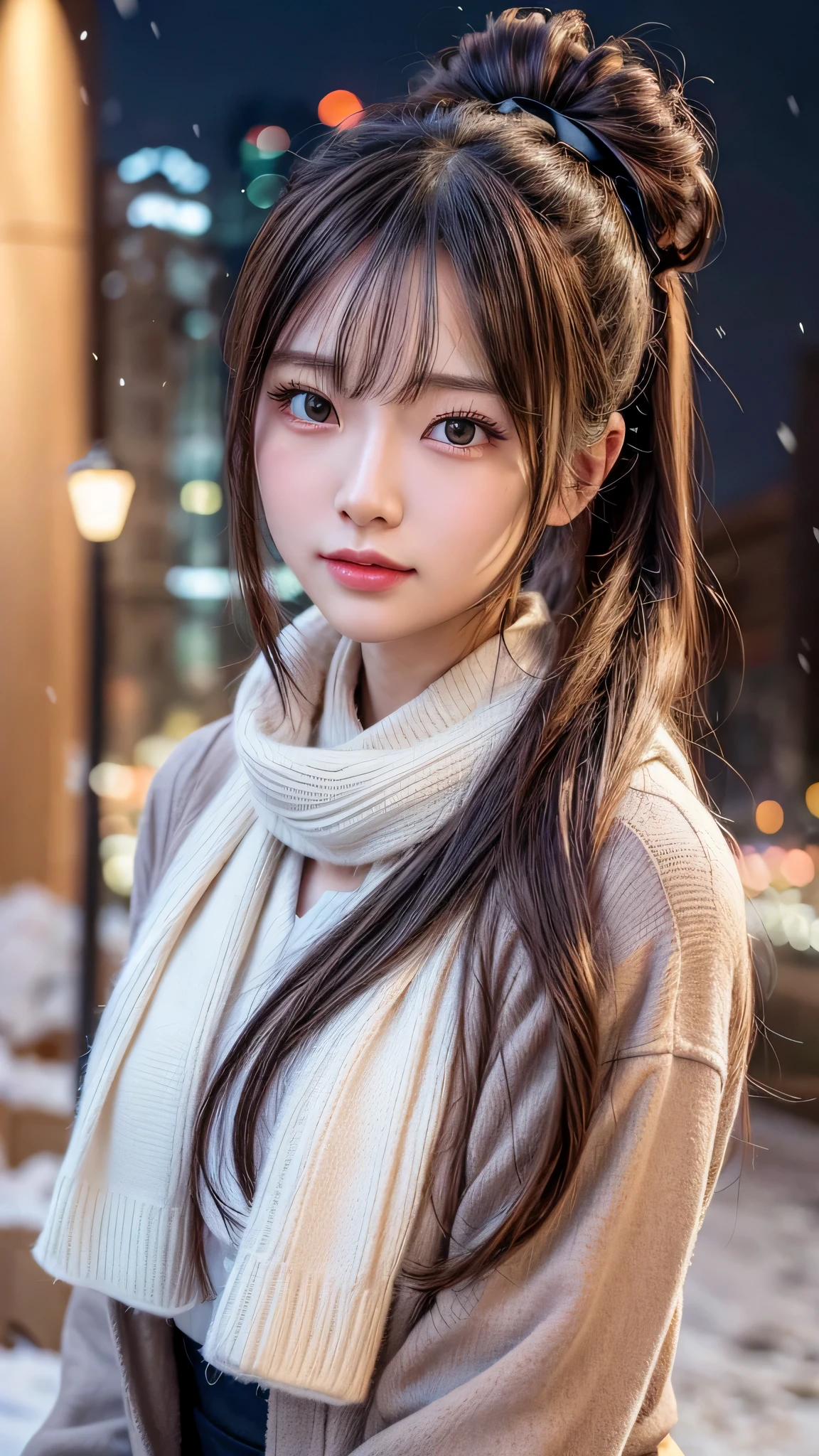 blush,long hair ponytail,big ribbon in her hair,(8K, Raw photo, best quality, muste piece:1.2), (Reality, photorealistic:1.4), (Highly detailed 8K wallpaper), Tits sharp focus, Depth of bounds written, cinematic lighting, soft light, detailed beauty eye,Shiny and smooth light brown ponytail, asymmetrical bangs, shiny skin, super detailed skin ,high resolution, high detail, detailed hairstyle, detailed beauty face, hyper real, perfect limbs, perfect anatomy ,1 Japanese girl,famous japanese idol, perfect female body,shy smile,short eyelashes,double-edged eyelids,look straight here,Hair style is ponytail,wear a ribbon, office,long ponytail hairstyle,Wearing scrunchies,wearing a long coat,The Street,Stand up straight and face me,So that the whole body can be seen,winter,warm clothes,look straight at me,wearing a scarf,It's snowing,european cityscape,cobblestone road,European churches can be seen in the background,in front of a church in europe,night time,illumination is shining,chest is small