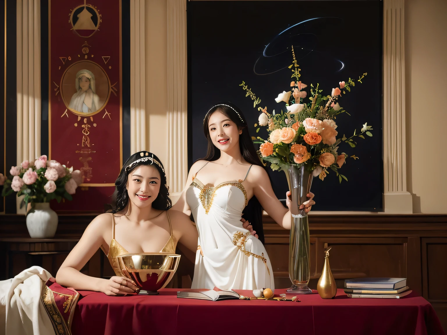 Geometry,astronault,quantum mechanics,Math,Astronomical machinery,astronault.Roses in a vase.fruits,Colossal tits,A smile.Ancient Greek costumes,Paintings by Sandro Botticelli。Costume with stretched shoulders,huge smile,Chiaroscuro of Caravaggio,Cute smile, Expression of ecstasy,A sexy