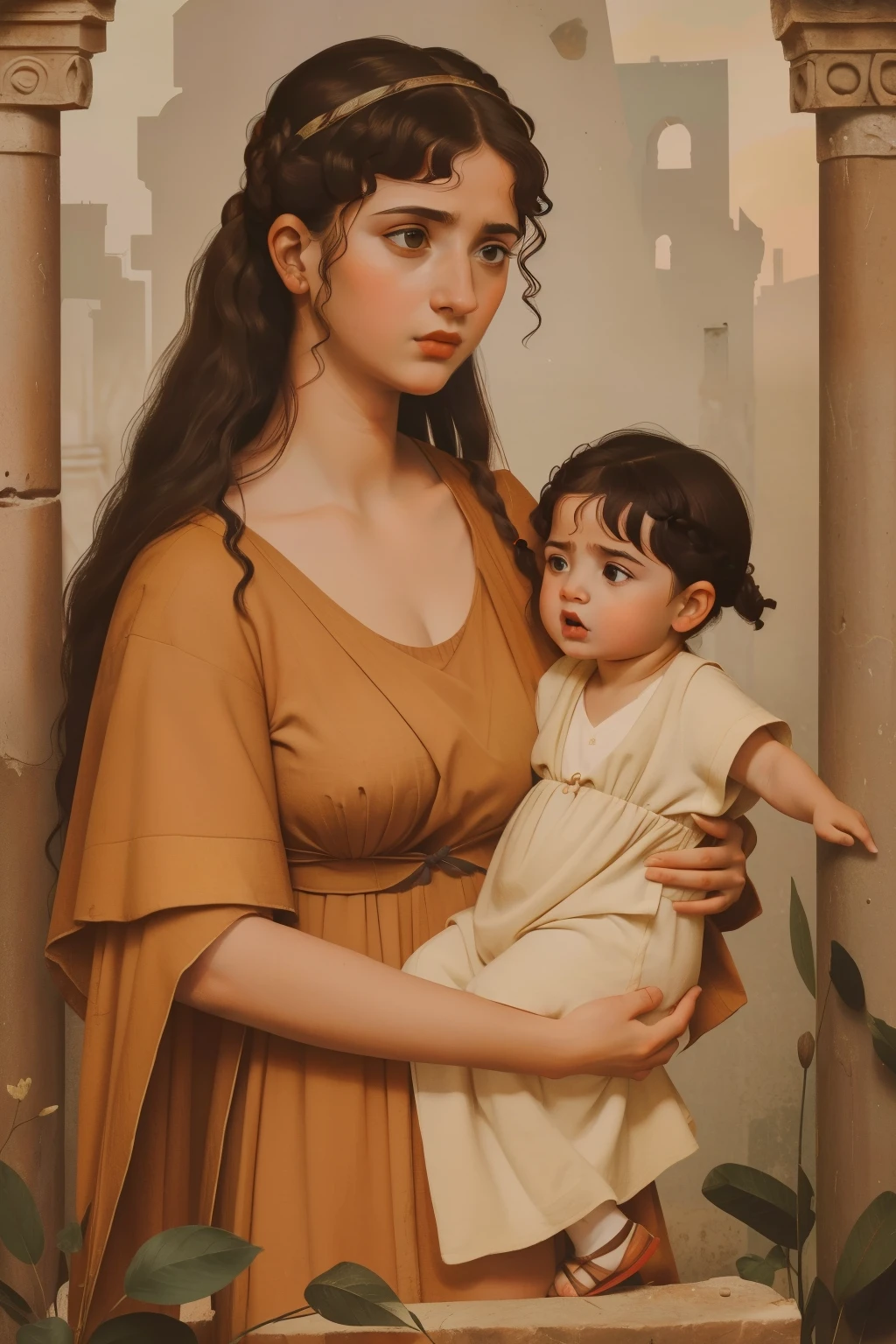 Rome, 99 BC. A ((((25-year-old)) Aurelia Cotta)), holding her boy, ((worried expression)). ((((casual roman clothings from the 1st century BC)))) ((ancient rome hairstyle))