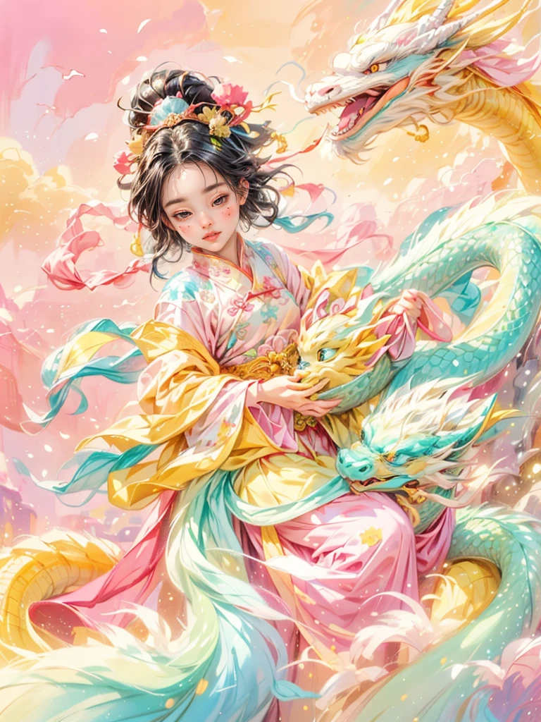 dragonjoyful and festive scene featuring a cute and lively 5-year-old ancient Chinese princess embracing a fluffy-textured, mythical Chinese baby dragon. Both are sleeping peacefully. The background is enhanced with festive decorations, such as lanterns, colorful banners, and traditional Chinese motifs, symbolizing celebration and happiness. This scene, rich in ancient Chinese cultural elements, captures a sense of joy and festivity, making the moment between the princess and the dragon even more endearing and magical, (花卉水彩画:1.5), (Ultra high saturation, bright and vivid colors: 1.5), (nsfw), (Facing the viewer: 1.5)，(pastel tone painting: 1.8)