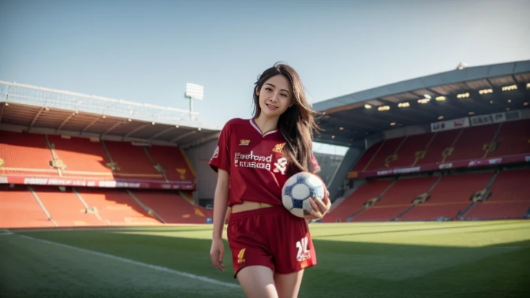 (8ก, best quality, Masterpiece:1.2), (realistic, realistic:1.37), Special details, 1 girl,cute,alone,Beautifully detailed sky,date,(Blush),(smile:1.15),(gag)small breasts,Beautifully detailed eyes,(long hair: 1.2),floating hair NovaFrogStyle, full body, (soccer ball in hand) ,(environment,Football Field) ,(football player set,Liverpool FC,England),(เสื้อLiverpool FC, Red Shirt), (Random shorts)