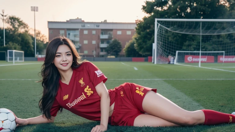 (8ก, best quality, Masterpiece:1.2), (realistic, realistic:1.37), Special details, 1 girl,cute,alone,Beautifully detailed sky,date,(Blush),(smile:1.15),(gag)small breasts,Beautifully detailed eyes,(long hair: 1.2),floating hair NovaFrogStyle, full body, (soccer ball in hand) ,(environment,Football Field) ,(football player set,Liverpool FC,England),(เสื้อLiverpool FC, Red Shirt), (Random shorts)