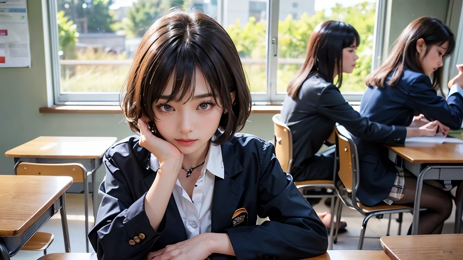 (Close-up:1.4)、 (Raw photo:1.2)、(Photoreal:1.4)、(masterpiece:1.3)、(highest quality:1.4)、dream-like、(detailed eye)、(detailed facial features)、(Detailed clothing characteristics)、skin tightening、(shiny skin)、(slender girl)、(slim girl)、one girl、、(((Short bob hair with bangs、black hair、black eye、Big eyes、There is a distance between the eyes、drooping eyes、A woman looking at the blackboard in front, profileのポートレート, リアルなの女の子のprofile, エレガントなprofileのポーズ, profileのポーズ, beautiful japanese girl face, Japanese 18 year old portrait, かわいい女の子のprofile, ( profile ) profile, young japanese woman, Head to your desk at school、sit on a chair、Notebooks and textbooks on the desk, 女性のprofile、looking ahead、school uniform、navy blue blazer、gray vest、white dress shirt、Navy blue miniskirt、Beautiful leg form、holding a pencil on the desk、Looking at the blackboard in front of you、profile photo、school classroom、Features traditional classroom furniture,You can see the countryside outside the window、Sunny day、