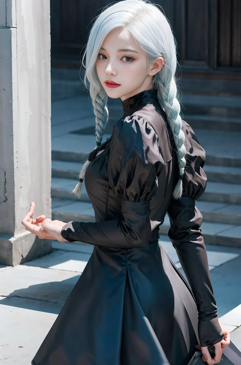 anime girl with white hair and blue eyes with braids, girl with white hair, perfect white haired girl, white haired lady, cyborg - girl with silver hair, white haired, stunning anime face portrait, film still of 2b nier automata, white-haired, anime visual of a young woman, one girl has white hair, white-hair pretty face