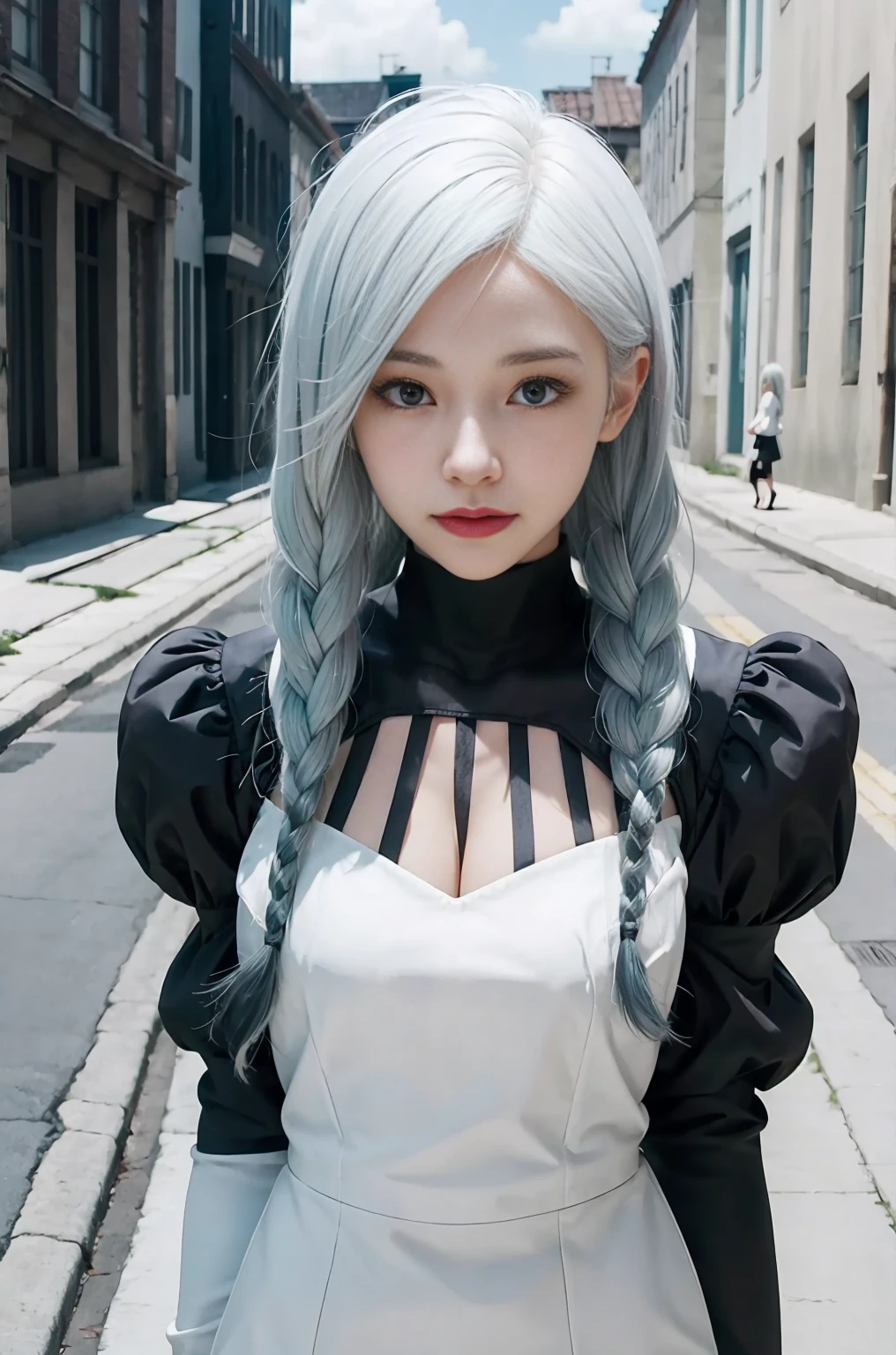 anime girl with white hair and blue eyes with braids, girl with white hair, perfect white haired girl, white haired lady, cyborg - girl with silver hair, white haired, stunning anime face portrait, film still of 2b nier automata, white-haired, anime visual of a young woman, one girl has white hair, white-hair pretty face