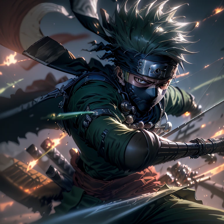 top-quality masterpiece, Roronoa Zoro in Kakashi suit
(Anime character: 1.6), (Swashbuckler pirate: 1.5), (Samurai attire: 1.3), (Kakashi suit: 1.4), (Action pose: 1.4), (Realistic illustration: 1.3),
(High resolution: 1.2), (Pixels perfect: 1.5), (Detailed shading: 1.4), (Sharp edges: 1.2), (Dynamic energy: 1.3),
(