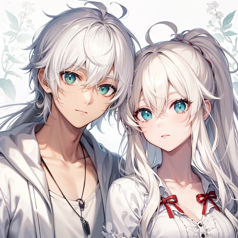 brother and sister Twins, white hair, green eyes, real hair, real eyes, Beautiful
