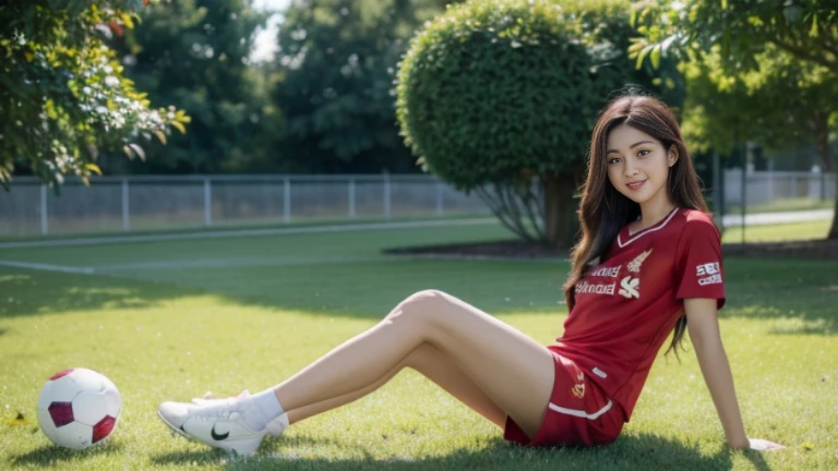 (8ก, best quality, Masterpiece:1.2), (realistic, realistic:1.37), Special details, 1 girl,cute,alone,Beautifully detailed sky,date,(Blush),(smile:1.15),(gag)small breasts,Beautifully detailed eyes,(long hair: 1.2),floating hair NovaFrogStyle, full body, (soccer ball in hand) ,(environment,Lawn by the river) ,(football player set,Liverpool FC,England),(เสื้อLiverpool FC, Red Shirt), (Random shorts)