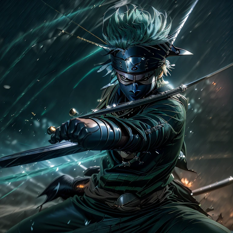 top-quality masterpiece, Roronoa Zoro in Kakashi suit

(Anime character: 1.6), (Swashbuckler pirate: 1.5), (Samurai attire: 1.3), (Kakashi suit: 1.4), (Action pose: 1.4), (Realistic illustration: 1.3),

(High resolution: 1.2), (Pixels perfect: 1.5), (Detailed shading: 1.4), (Sharp edges: 1.2), (Dynamic energy: 1.3),

(