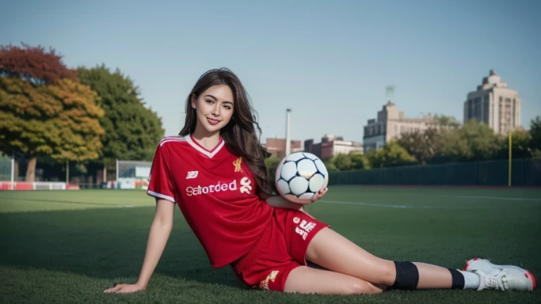 (8ก, best quality, Masterpiece:1.2), (realistic, realistic:1.37), Special details, 1 girl,cute,alone,Beautifully detailed sky,date,(Blush),(smile:1.15),(gag)big breasts,Beautifully detailed eyes,(long hair: 1.2),floating hair NovaFrogStyle, full body, (soccer ball in hand) ,(environment,Lawn by the river) ,(football player set,Liverpool FC,England),(เสื้อLiverpool FC, Red Shirt), (Random shorts)