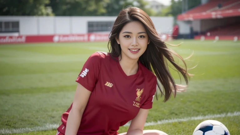 (8ก, best quality, Masterpiece:1.2), (realistic, realistic:1.37), Special details, 1 girl,cute,alone,Beautifully detailed sky,date,(Blush),(smile:1.15), (very big breasts),Beautifully detailed eyes,(long hair: 1.2),floating hair NovaFrogStyle, full body, (soccer ball in hand) ,(environment,Lawn by the river) ,(football player set,Liverpool FC,England),(เสื้อLiverpool FC, Red Shirt), (Random shorts) Sexy Gestures, Pulling on shirt, revealing large breasts