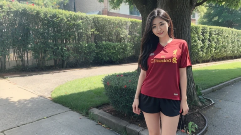 (8ก, best quality, Masterpiece:1.2), (realistic, realistic:1.37), Special details, 1 girl,cute,alone,Beautifully detailed sky,date,(Blush),(smile:1.15), (very big breasts),Beautifully detailed eyes,(long hair: 1.2),floating hair NovaFrogStyle, full body, (ball) ,(environment,lawn,tree,river) ,(football player set,Liverpool FC,England),(เสื้อLiverpool FC, Red Shirt), (Random shorts) Sexy Gestures, Pulling on shirt, revealing large breasts