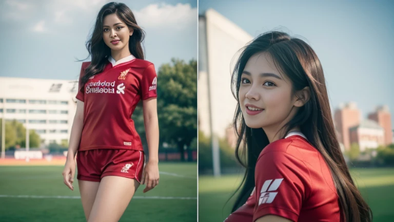 (8ก, best quality, Masterpiece:1.2), (realistic, realistic:1.37), Special details, 1 girl,cute,alone,Beautifully detailed sky,date,(Blush),(smile:1.15), (very big breasts),Beautifully detailed eyes,(long hair: 1.2),floating hair NovaFrogStyle, full body, (ball) ,(environment,Football Field) ,(football player set,Liverpool FC,England),(เสื้อLiverpool FC, Red Shirt), (Random shorts) Sexy Gestures, Pulling on shirt, revealing large breasts