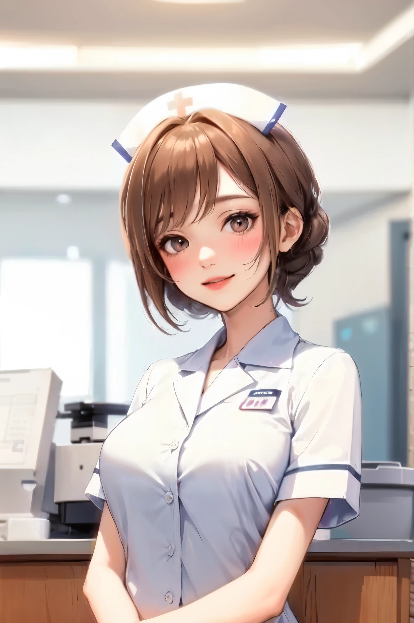 1lady solo, nurse, /(nurse uniform/), mature female, /(light brown hair/), blush kind smile, (masterpiece best quality:1.3) delicate illustration ultra-detailed, large breasts BREAK /(hospital reception/) indoors