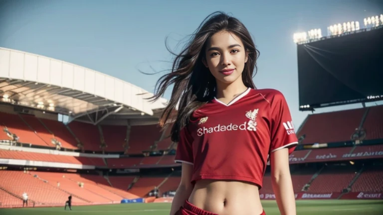 (8ก, best quality, Masterpiece:1.2), (realistic, realistic:1.37), Special details, 1 girl,cute,alone,Beautifully detailed sky,date,(Blush),(smile:1.15), (very big breasts),Beautifully detailed eyes,(long hair: 1.2),floating hair NovaFrogStyle, full body, (ball) ,(environment,Football Field) ,(football player set,Liverpool FC,England),(เสื้อLiverpool FC, Red Shirt), (Random shorts) Sexy Gestures, Pulling on shirt, revealing large breasts