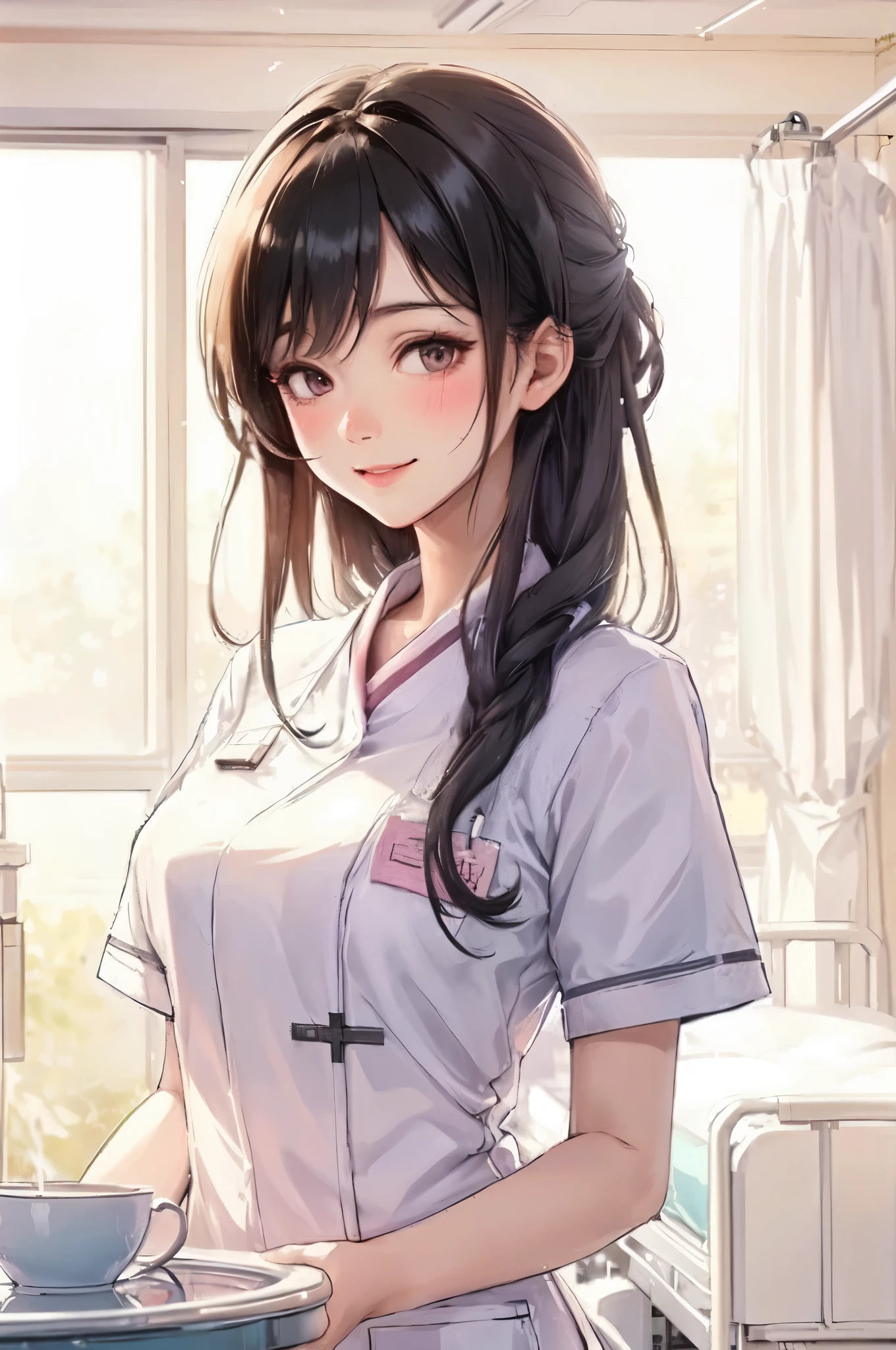 1lady solo, nurse, /(nurse uniform/), mature female, /(black hair/), blush kind smile, (masterpiece best quality:1.3) delicate illustration ultra-detailed, large breasts BREAK /(hospital indoors/) window