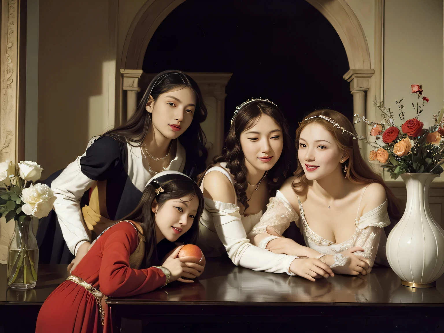Geometry,astronault,quantum mechanics,Math,Astronomical machinery,astronault.Roses in a vase.fruits,Colossal tits,A smile.Ancient Greek costumes,Paintings by Sandro Botticelli。Costume with stretched shoulders,huge smile,Chiaroscuro of Caravaggio,Cute smile, Expression of ecstasy,A sexy