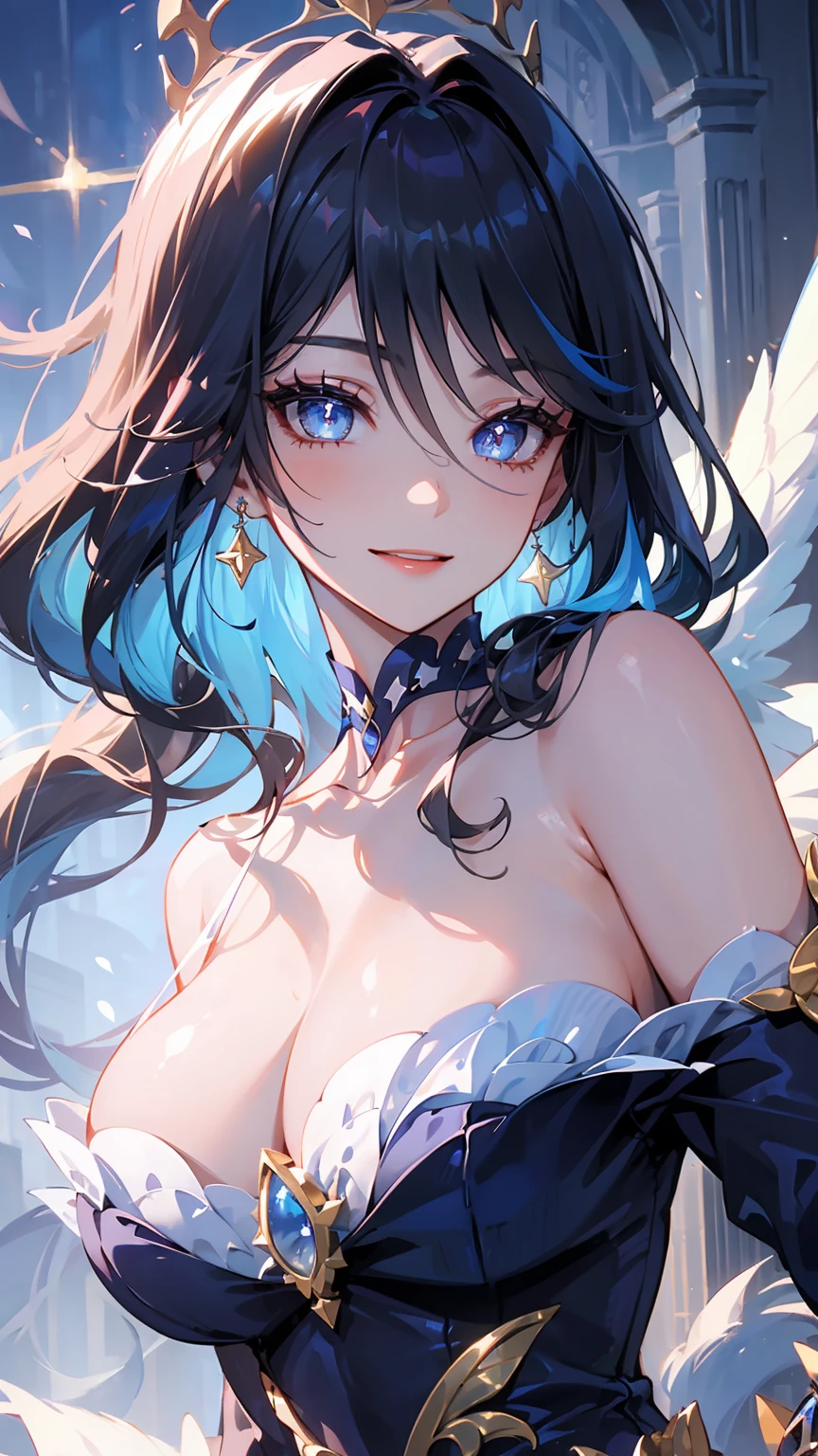 masterpiece, best quality, illustration, (dynamic lighting:1.2), cinematic lighting, reflection, delicate facial features, detailed eyes, ultra-detailed eyes, sharp pupils, star-shaped pupils, realistic pupils, depth of field, bokeh, sharp focus, (hyper-detailed, bloom, glow:1.4), exceptional beauty, alluring face, cute look, multicolored hair, purple hair, shining hair, blue hair strands, ponytail, high ponytail, enchanting purple eyes, two-tone colored eyes, blue eyes, shiny, sparkle, sparkling, elegance, royal dress, princess, princess dress, crown, tiara, jewelry, ornaments, delicate features, 1girl, solo focus, muedium full shot, white skin, intense bright, absurdres, high-res, ultra-detailed, large breasts, huge breasts, perfect breasts, hair ornaments, earrings, perfect arms, perfect hands, perfect fingers, perfect body, perfect, embarrassing, blushing, smiling, angelic, simple background, expert shading, extreme light effects, intense bright, glare, sharp eyelash, red lips, dynamic pose, no exposure, no exposed, no exposing, off shoulder, bare shoulders, perfect shoulders, collarbone, detailed collarbone