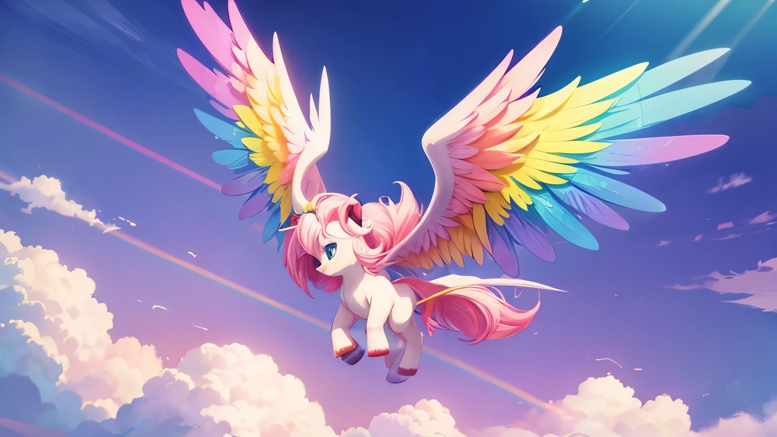 cute little cartoon pony with fluffy mane and pink tail, in the style of the cartoon my little pony with wings, mlp fanart, high resolution commission, light pink background, clouds, Rainbow Dash, aesthetically cute, fluttering, spreading wings, anime style