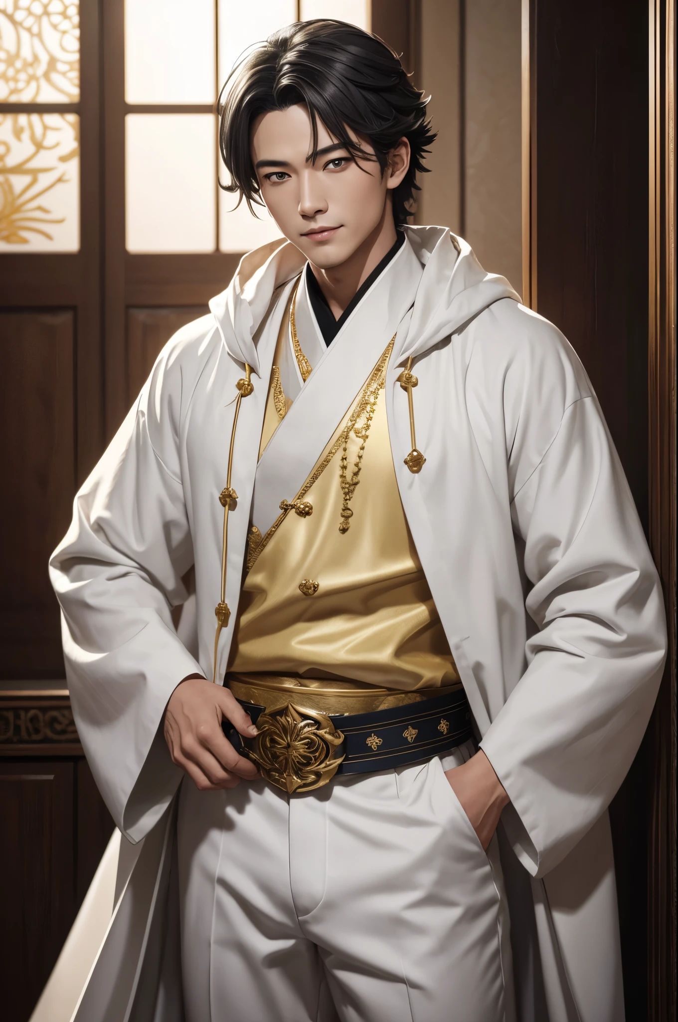 8K,white hair,剣を持ったコスチュームを着た創造godのクローズアップ、Gray-haired short-haired,god々bright golden eyes,美しい両性具有の創造god、super handsome(like the real thing),realistic skin,原godインパクトの刻晴、繊細な両性具有のgod、luxurious white costume(精密な創造godの紋章の細工),luxury white pants,Golden decoration,原godインパクトの鍾離、Demon Slayer: Kimetsu no Yaiba art handsome man、kashmir art、2。5 D CGIアニメfantasy artワーク、male portrait,fantasy art,character art,rich colors, Backlight, cinematic lighting, film grain, born, 50mm lens, Nikon D850,ultra high resolution,Super realistic,god殿の中,smile,