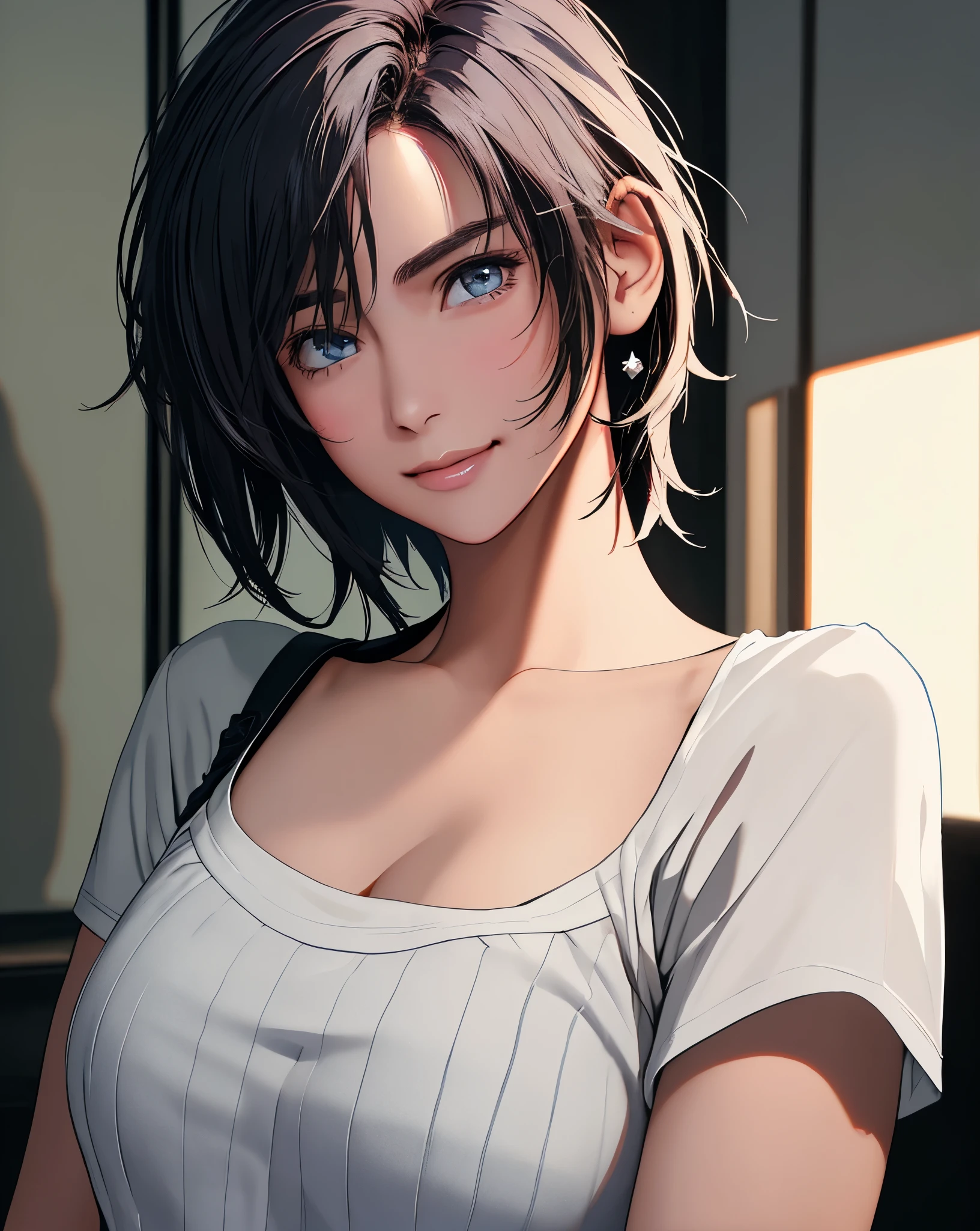 Best Quality, Ultra High Resolution, (Photorealistic: 1.4), Beautiful Eyes, Super Beautiful, Very Short Hair, Beautiful, Sweetheart, T-shirt with Rough Chest, Beautiful Soldier, Eyes That Invite Viewer, Lover's Perspective, Inviting Expression, Sexy Smile, Perfect Style, Perfect Balance, Detailed Skin, Naughty Gaze, Chest Visible