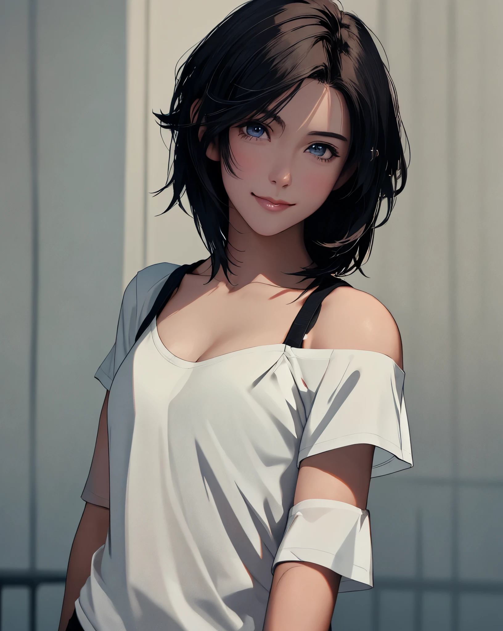 Best Quality, Ultra High Resolution, (Photorealistic: 1.4), Beautiful Eyes, Super Beautiful, Very Short Hair, Beautiful, Sweetheart, T-shirt with Rough Chest, Beautiful Soldier, Eyes That Invite Viewer, Lover's Perspective, Inviting Expression, Sexy Smile, Perfect Style, Perfect Balance, Detailed Skin, Naughty Gaze, Chest Visible