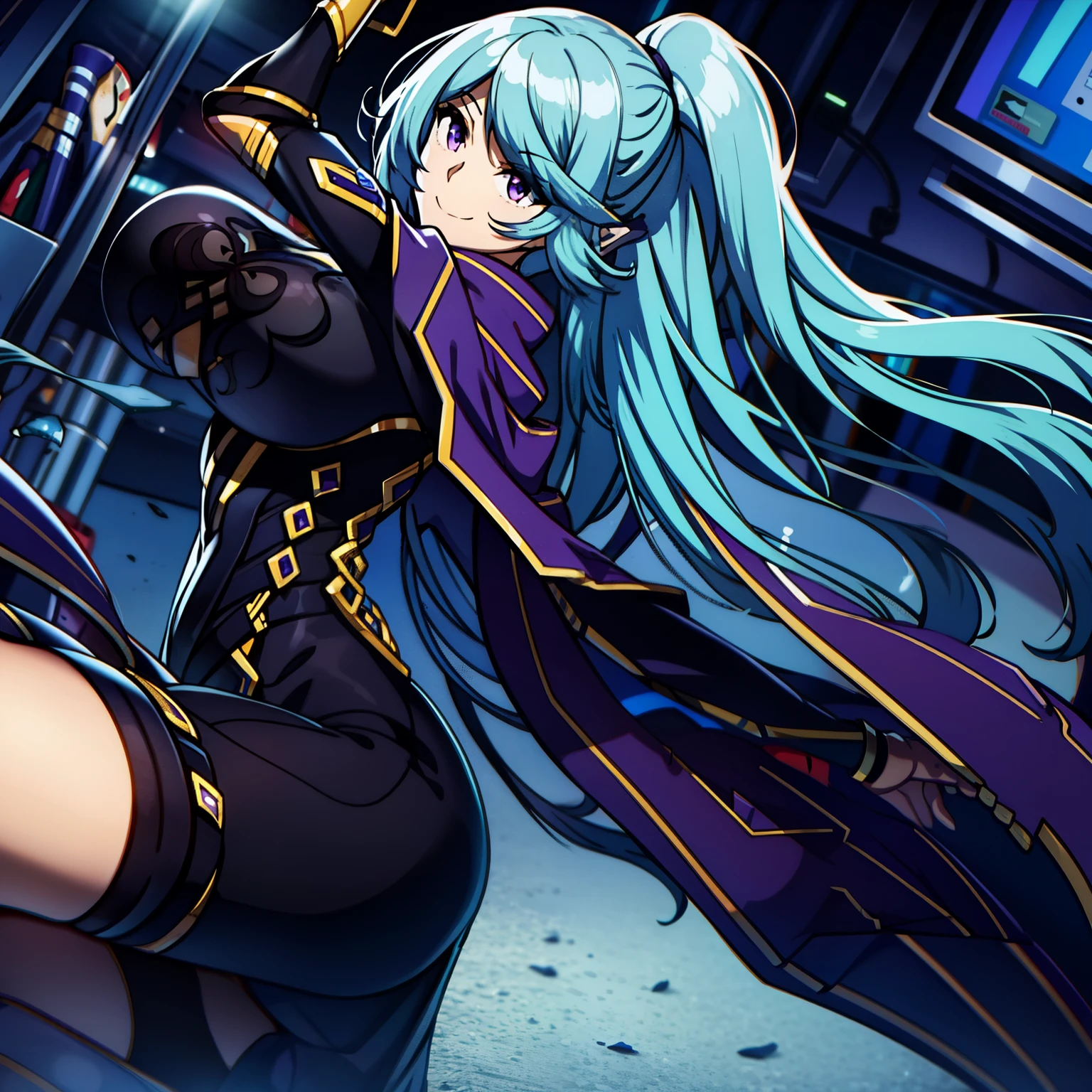 cel shading[ABCDhiccups:,(1 girl:1.2),aqua blue hair,Purple eye,big breasts,smile,throw