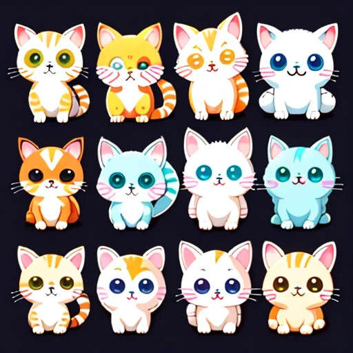 sticker，all kinds of cats，cute cat、Any Pose、simple background，Cartoon Cute，A lot of cats were gathered，emotions、every emotion、lovely art style,pretty eyes、eyes shine、cute eyes