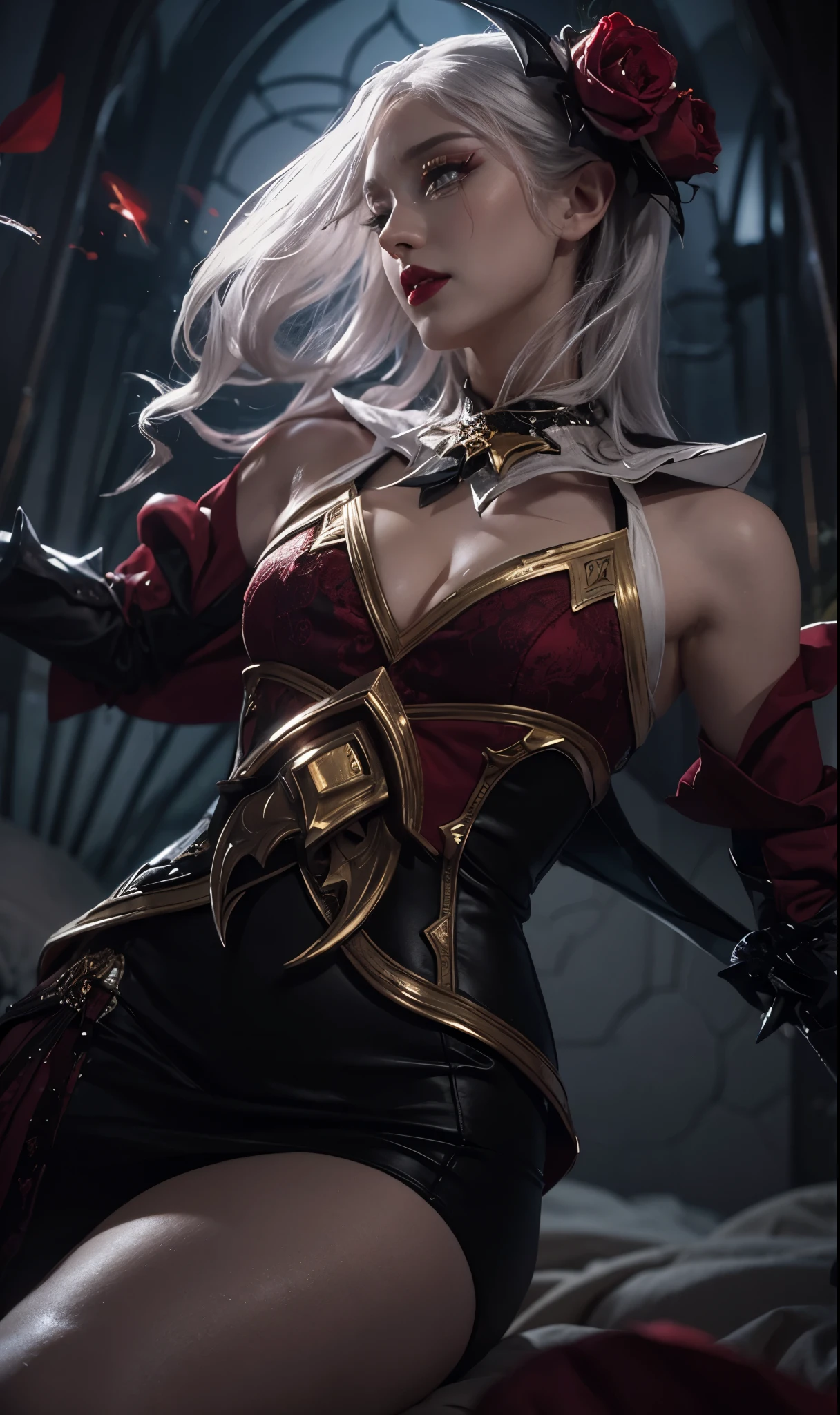 Woman using Vampire maroon dress, woman with white hair, woman with beautiful face, woman with black lipstick, woman with thic tight, woman with beautiful round eyes, woman with gold Accessories, woman with Pale skin, beautiful woman using maroon vampire dress in castle at night, woman with red rose flower on her white hair l, woman with tears on her faces, woman with beautiful black pupil eyes, crying woman